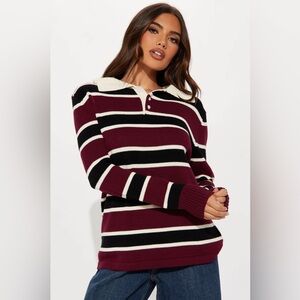 Wine Red Black White Playin' Cool Striped Polo Sweater Long Sleeve Button Down